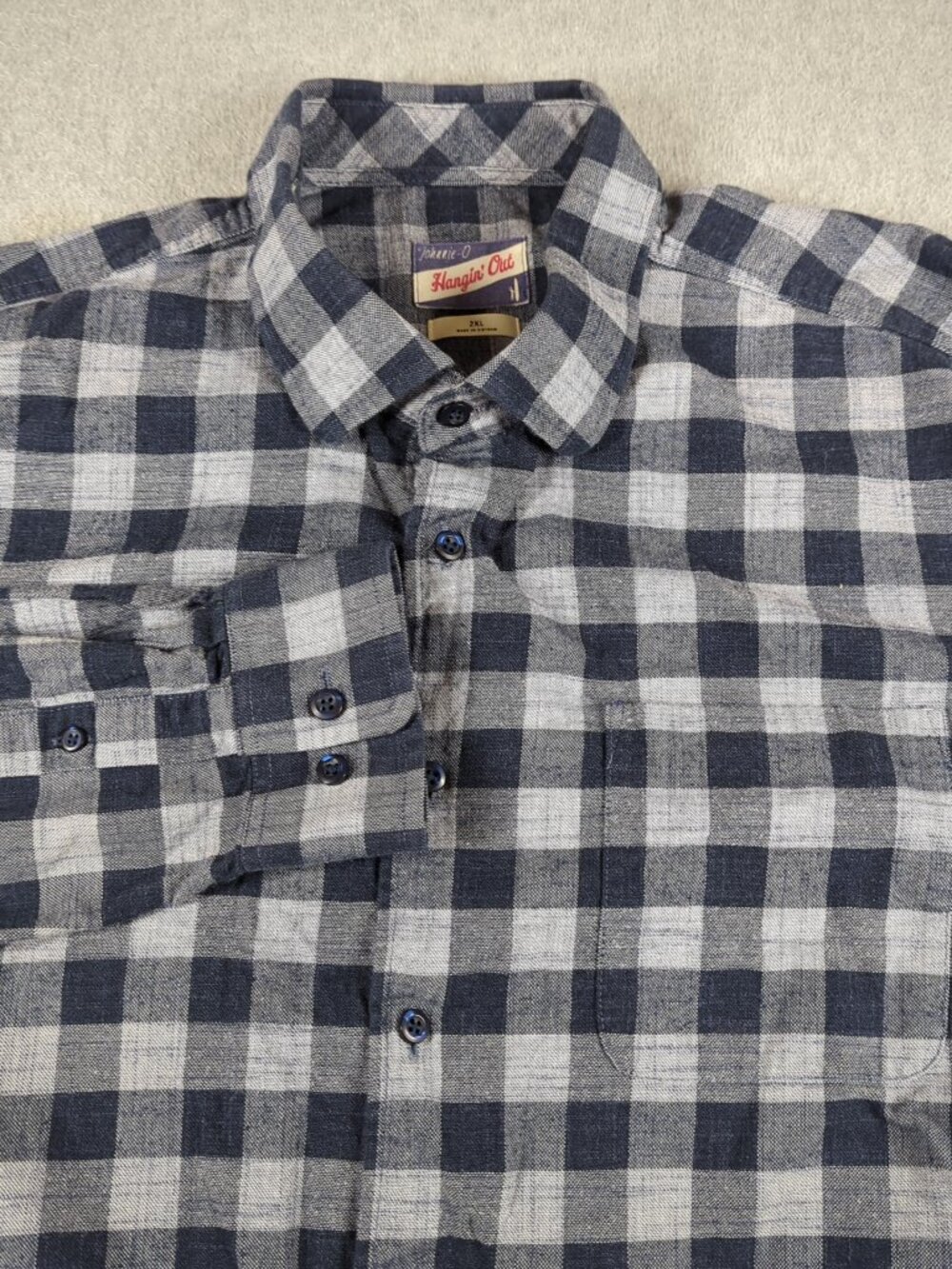 Johnnie O Shirt Men's 2XL Gray Buffalo Plaid Hanging Out Flannel Button Up